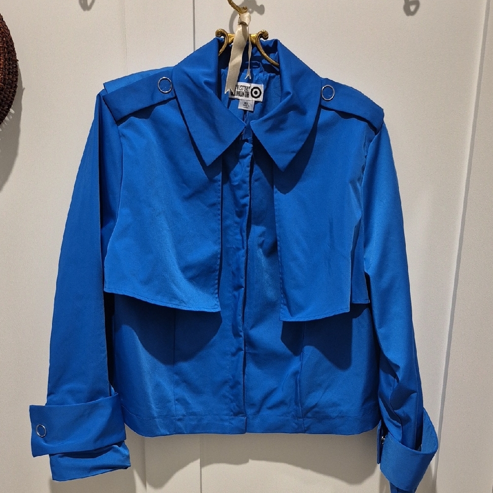 Trendy Blue Half Trench Coast Unisex - Picture 4 of 7